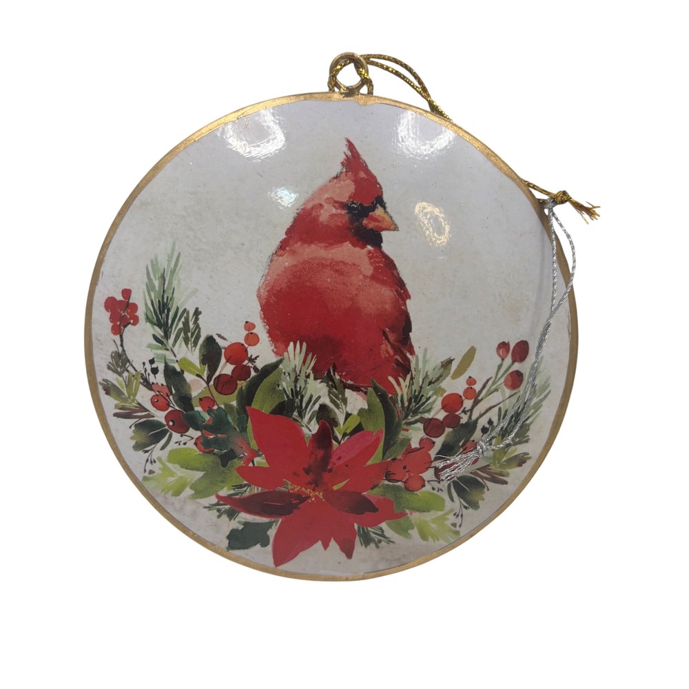 Red Cardinal Poinsettia Christmas Ornament Gold Rim Round Holiday Decor 5in